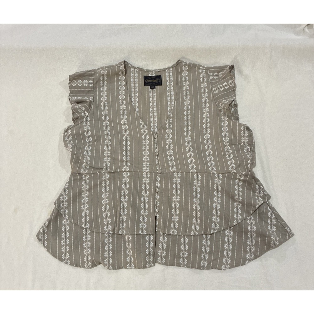 Women's Top XXL Taupe Floral Thelma Shirt button Down Flounce Sleeves Peplum Hem - Picture 1 of 11